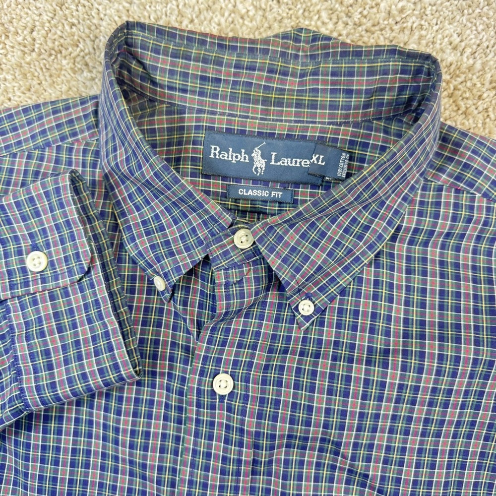 Ralph Lauren Button Down Shirt Mens XL Blue Plaid Classic Fit Long Sleeve Cotton